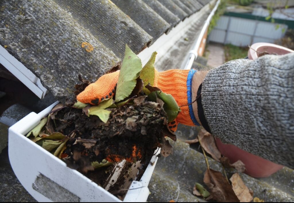 Professional gutter cleaning removing leaves and debris from a residential home in Hagerstown, Maryland